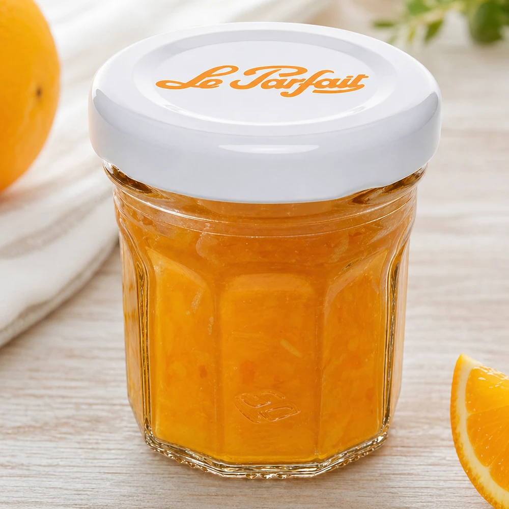 Le Parfait® Mini‑Jam 44 ml Ø48 mm vaso Mini tumbler Le Parfait da 44 ml riempiti di marmellata d'arancia e coperchio bianco accanto a fette d'arancia fresca