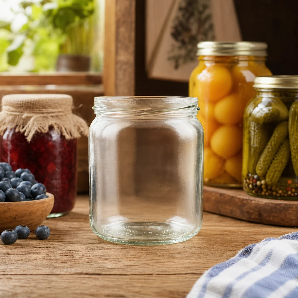 UNiTWIST Runda408 leeres Rundglas 408ml TO82 in Küchenszenerie mit eingelegten Gurken und Früchten im Hintergrund