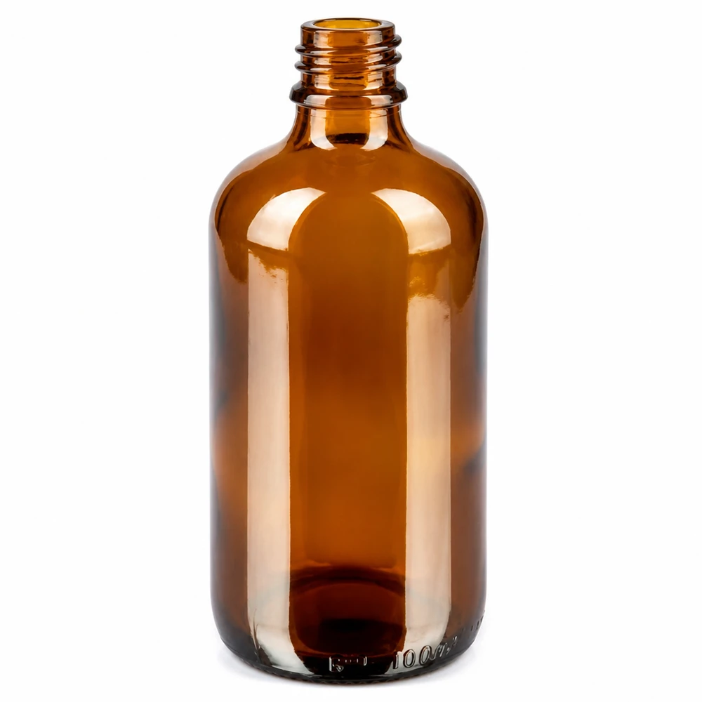 Bottiglia da 100 ml di alta qualità in vetro borosilicato ambrato con filettatura precisa da 11 mm.