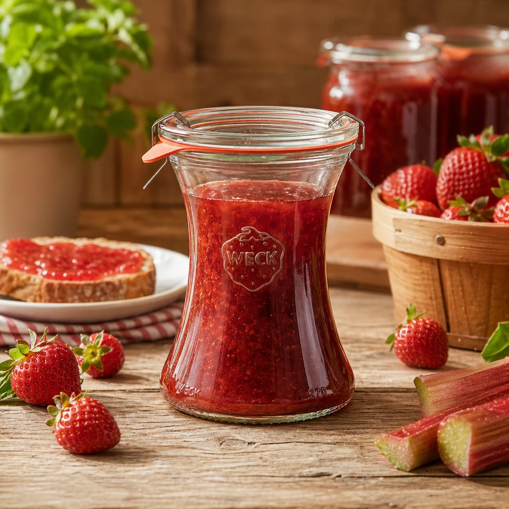 Barattolo da 370 ml della linea WECK RR80 Vaso da conserva WECK da 370 ml riempito di marmellata di fragole Esempio di applicazione per la conservazione di marmellata e confetture
