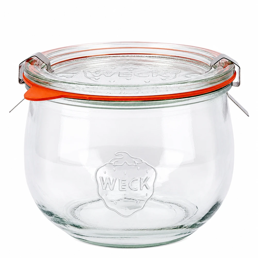 Vaso per tulipani da 580 ml completo WECK RR100 WECK vaso a tulipano 580ml RR100 con coperchio in vetro e anello in gomma arancione, classico vaso da conserva in vetro trasparente