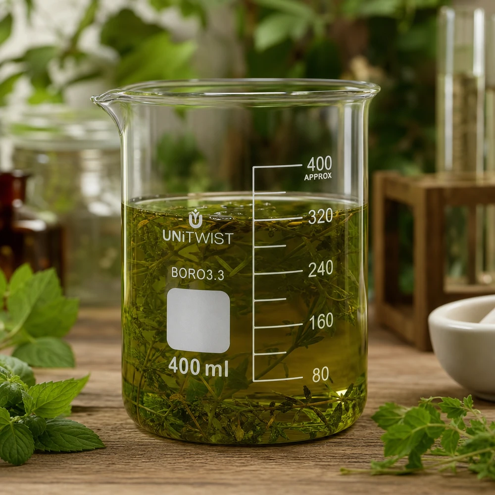 Bicchiere 400ml borosilicato, stampo basso UNiTWIST Bicchiere UNiTWIST da 400 ml con estratto di erbe aromatiche verdi su un tavolino di legno circondato da erbe aromatiche fresche