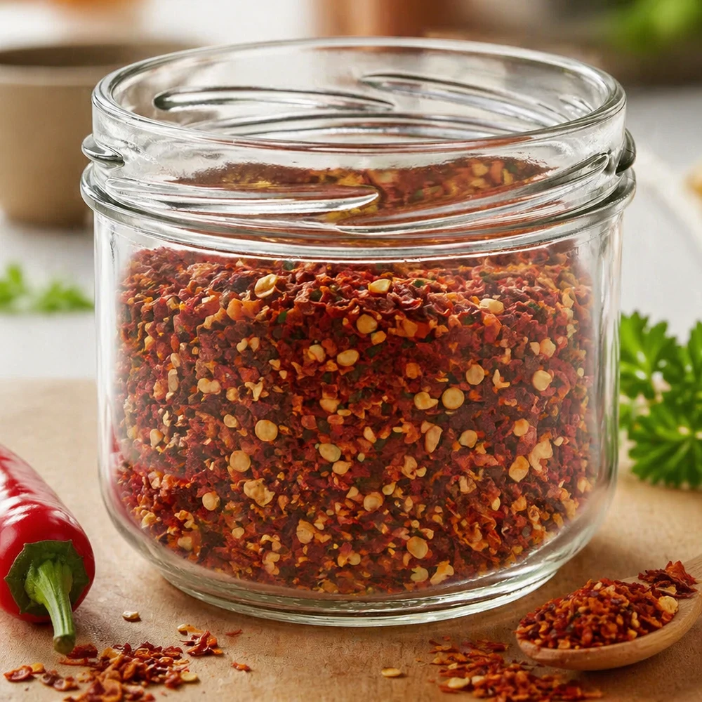 UNiTWIST Sturz260 bicchiere rotondo 260ml TO82 riempito con miscela di spezie al peperoncino su tavola di legno con erbe aromatiche