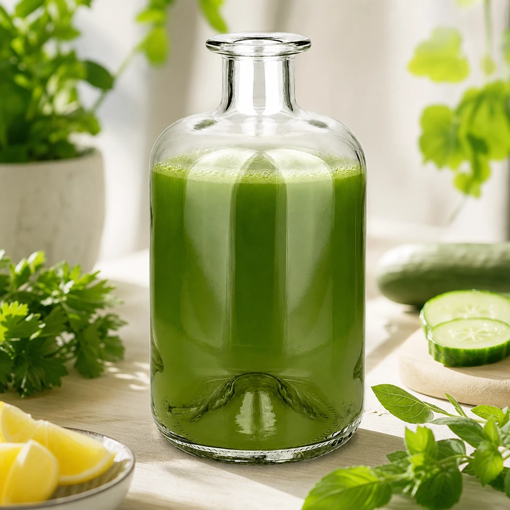 Flacone farmaceutico da 500 ml 500ml Glasflasche "Luna" ohne Verschluss UNiTWIST senza tappo UNiTWIST® Bottiglia da farmacista Luna da 500 ml riempita con frullato verde circondato da erbe fresche, cetriolo e limone, come bevanda di benessere.