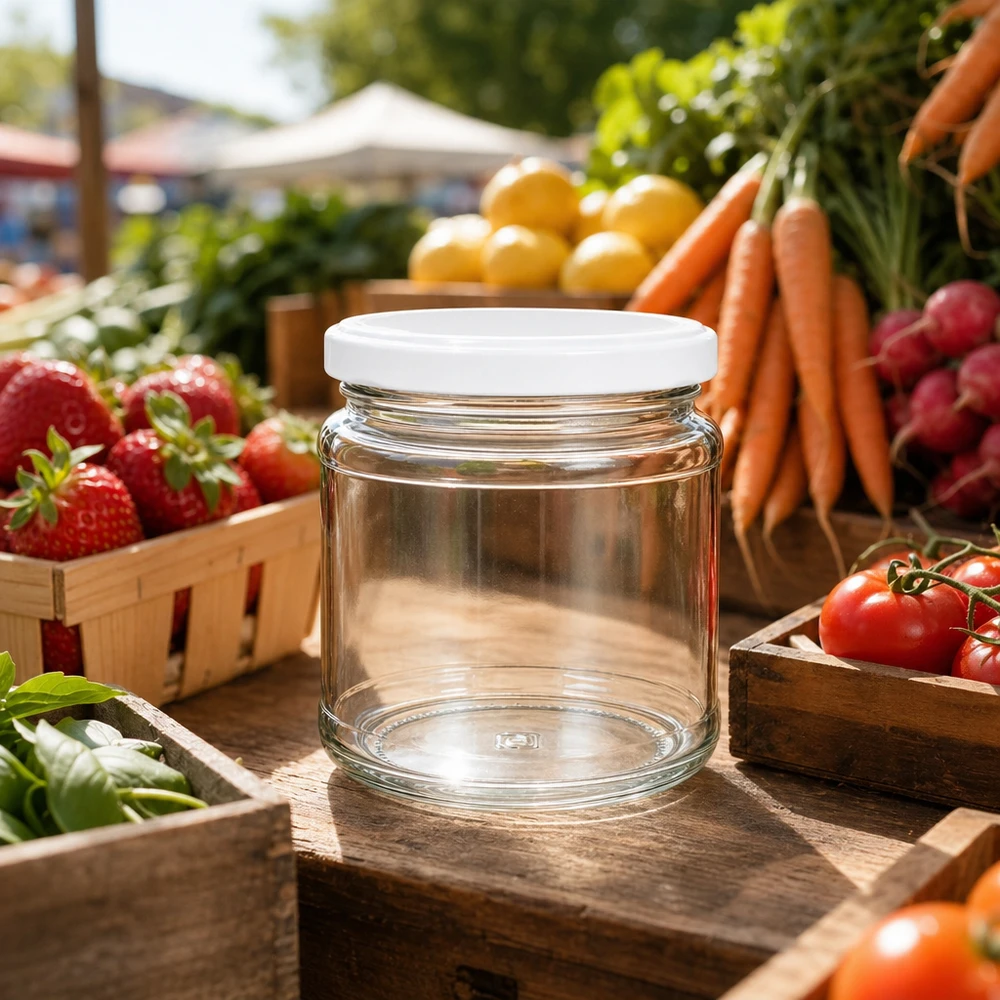 212ml Rundglas mit BasicSeal Deckel auf Marktstand zwischen frischem Obst und Gemüse - perfekt für Marmelade