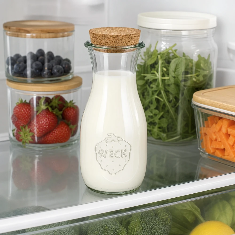 530ml Saftflasche WECK RR60 mit Korken natur WECK Saftflasche 530ml mit Milch gefüllt im Kühlschrank neben Vorratsgläsern mit Beeren Salat und Gemüse