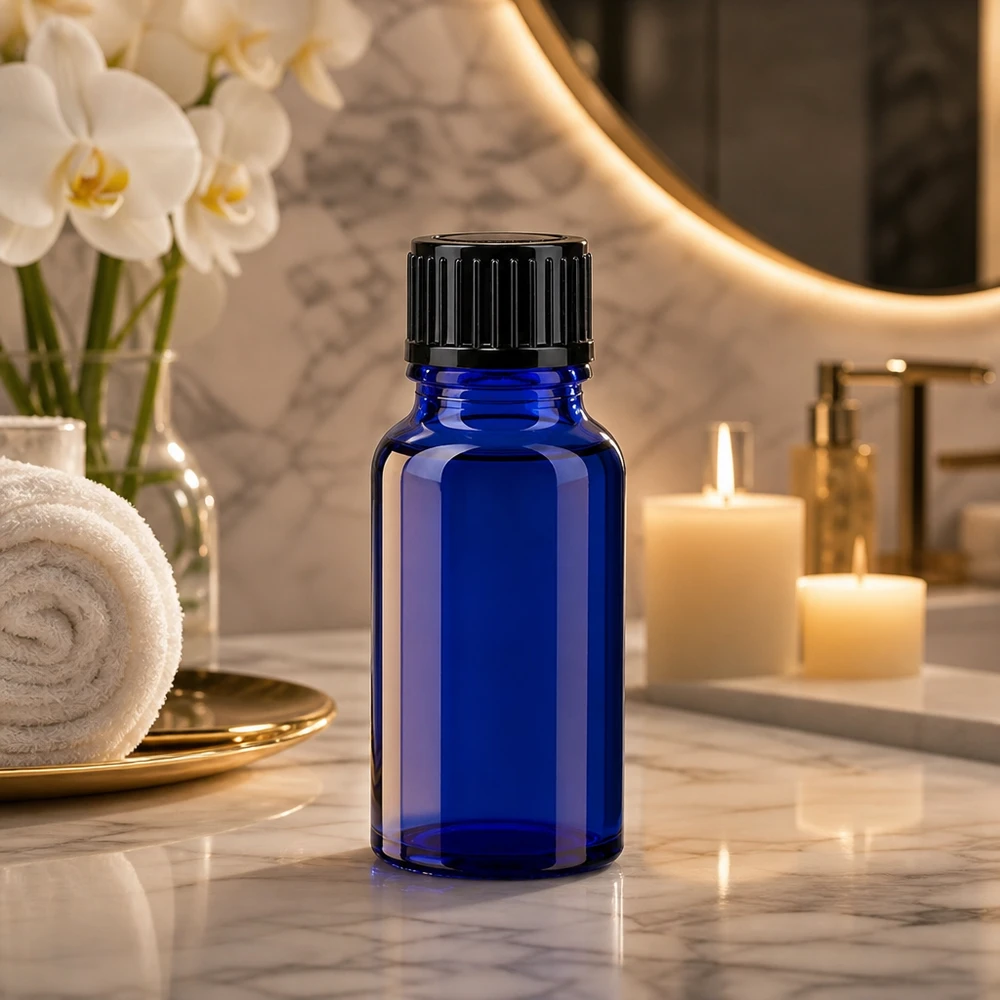 Apothekenflasche blau 10ml Schraubverschluss schwarz Standard UV-Schutz Apothekerflasche 10ml blau mit schwarzem Standardverschluss 11mm