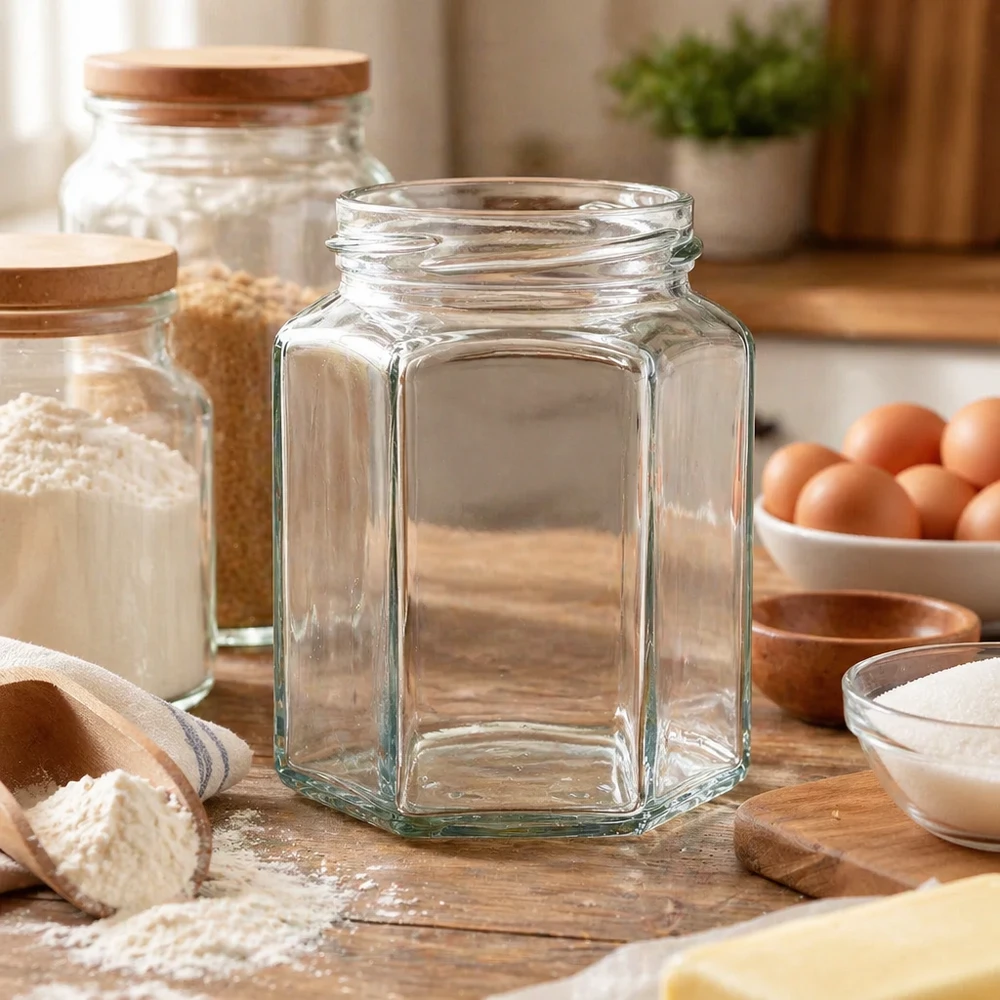 UNiTWIST Hexa288 vaso esagonale per conserve 288ml TO63 vuoto su tavola di legno in cucina con ingredienti di cottura