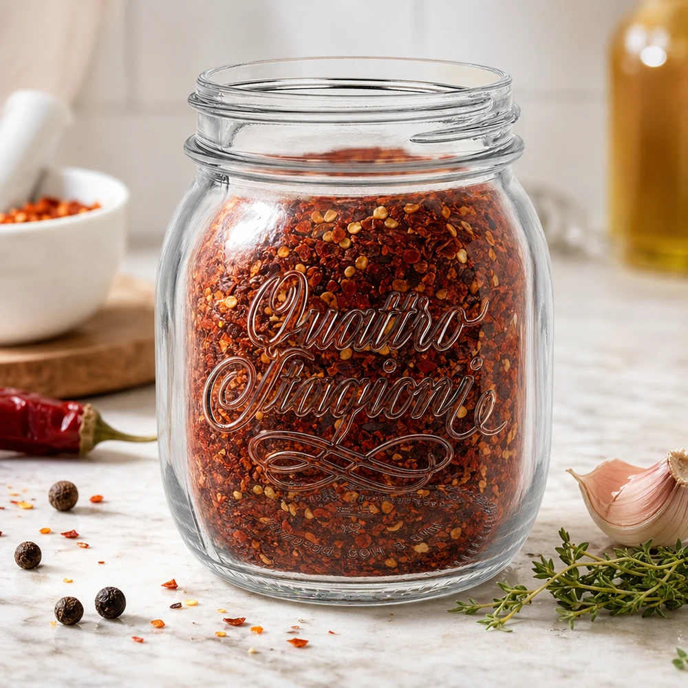 Barattolo Quattro Stagioni da 700 ml pieno di miscela di spezie al peperoncino sul piano di lavoro della cucina con erbe e aglio