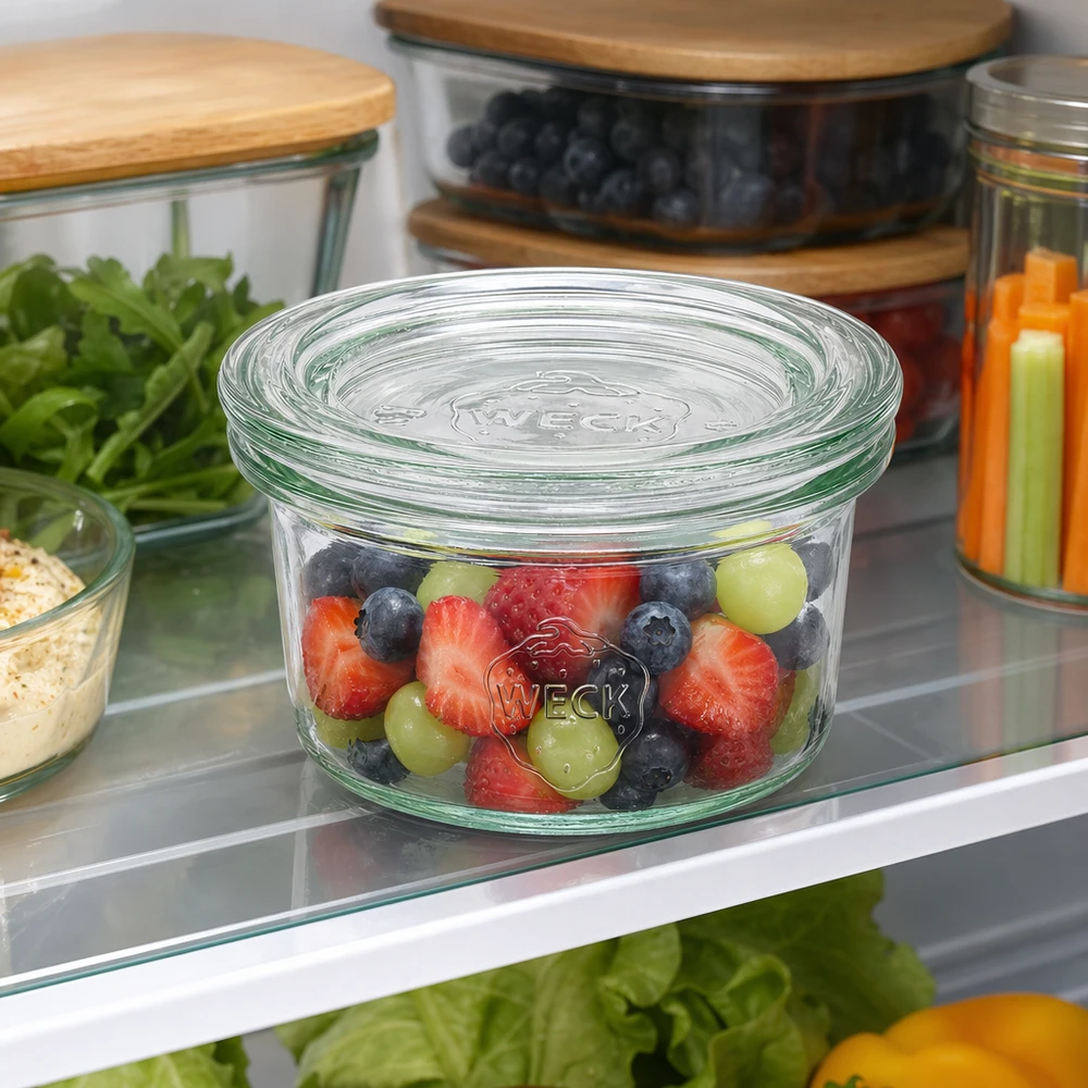 50ml Sturzglas mit Glasdeckel WECK RR60 WECK Sturzglas 50ml mit Beerenmischung im Kühlschrank zur frischen Aufbewahrung von Obst und Lebensmitteln