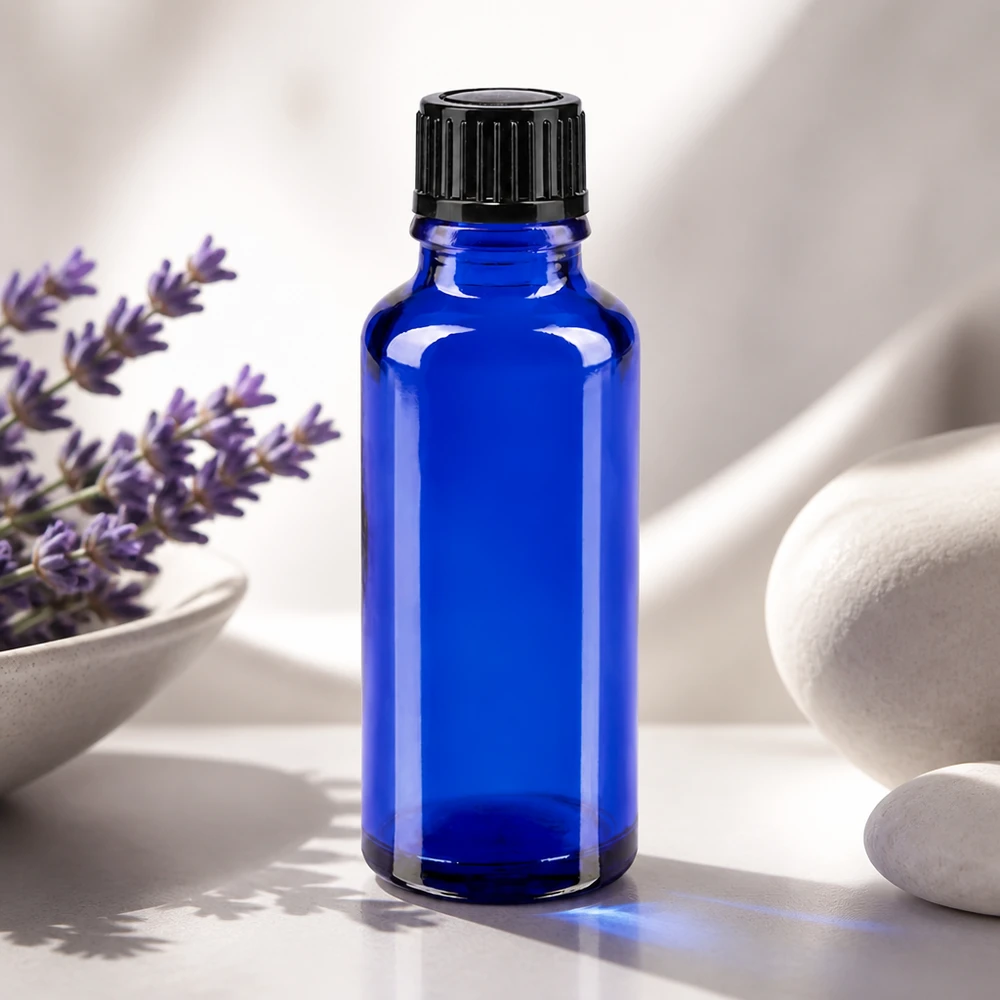 Flacon à pharmacie bleu 30ml bouchon compte-gouttes 1mm noir std Flacon compte-gouttes STD fin, bleu cobalt, de 30 ml, doté d'un orifice précis de 1 mm pour les huiles essentielles