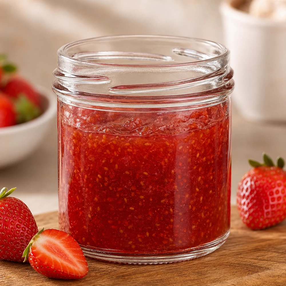 UNiTWIST Sturz167 Sturzglas 167ml TO66 mit Erdbeermarmelade gefüllt auf Holzbrett mit frischen Erdbeeren