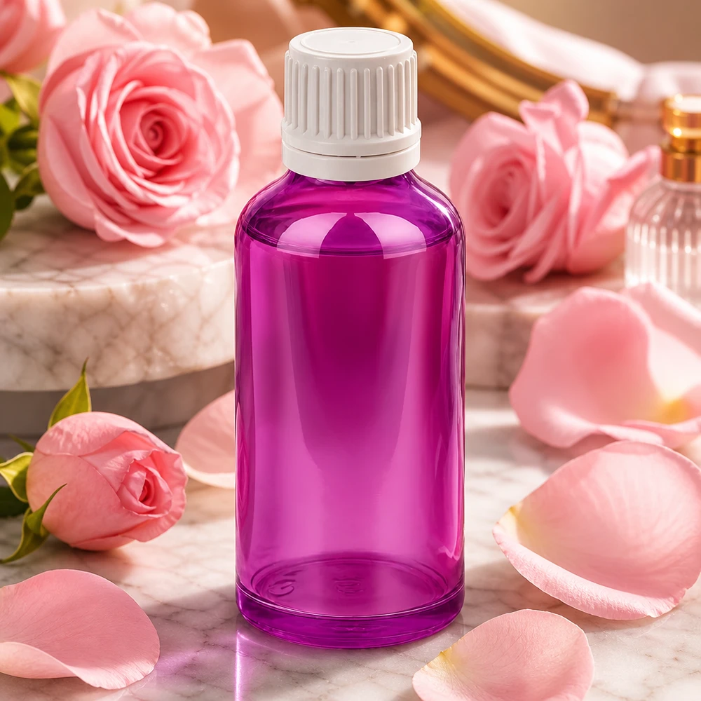 Bottiglia da 50ml tappo a vite 11mm bianco Originalità tappo a vite PurpleLine UT18/50 Contenitore in vetro viola da 50 ml con protezione UV e tappo a vite bianco per cosmetici naturali