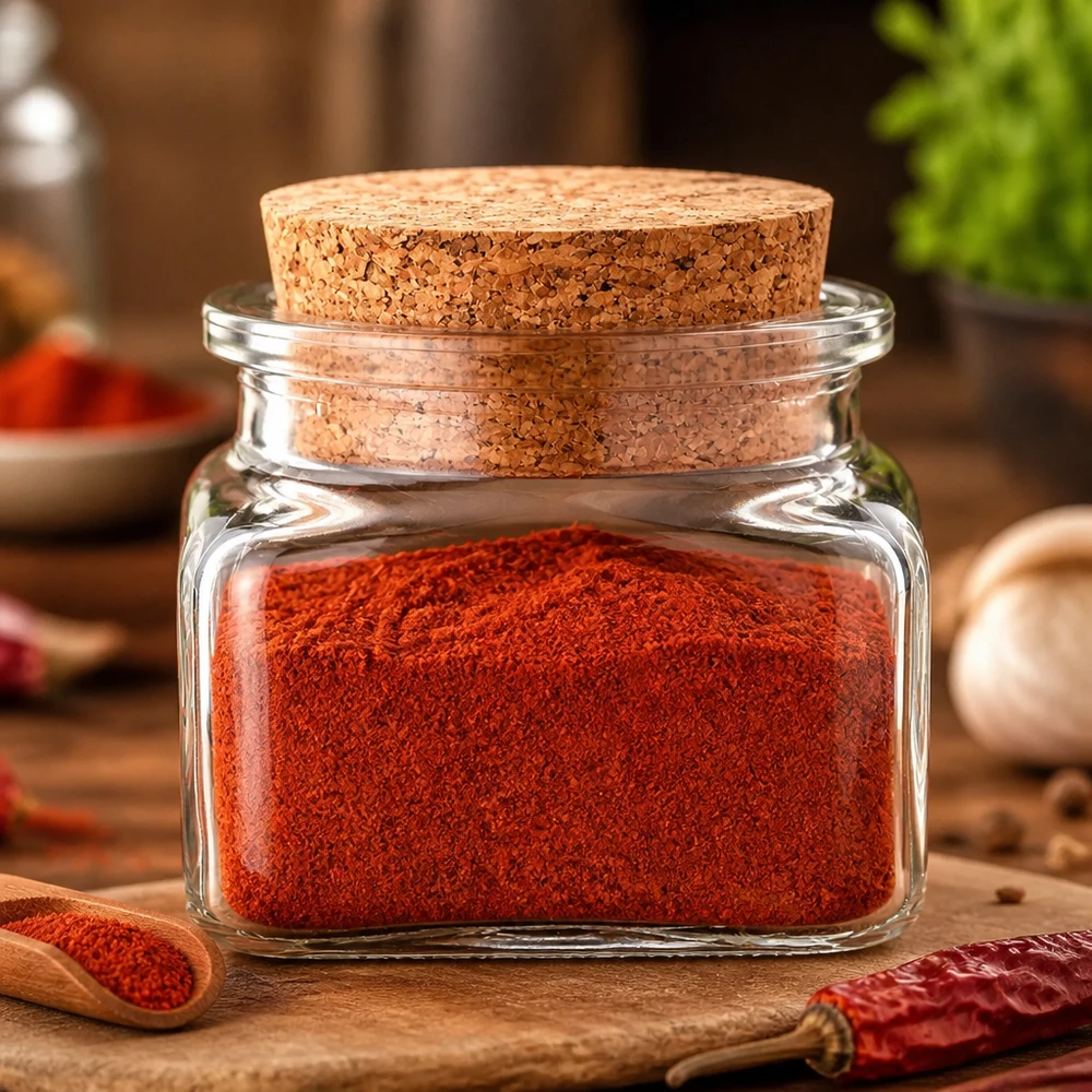 Idea barattolo per spezie: Quadratus 120ml trasparente, apertura 39mm, con tappo di sughero 38 Piccolo barattolo per spezie da 120 ml, forma quadrata, coperchio in sughero con peperoncino rosso in polvere piccante