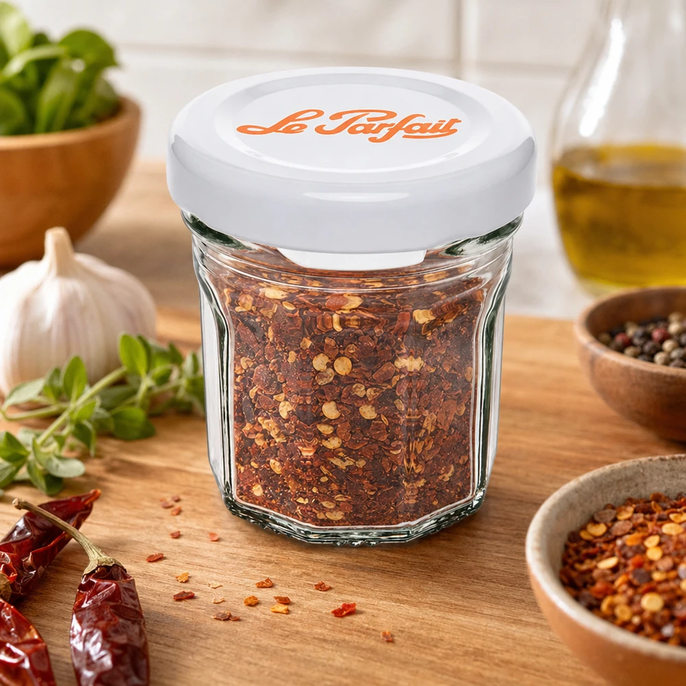 Le Parfait® Mini‑Jam 44 ml Ø48 mm vaso Mini tumbler Le Parfait da 44 ml riempiti con mix di spezie al peperoncino tra erbe e spezie su base di legno