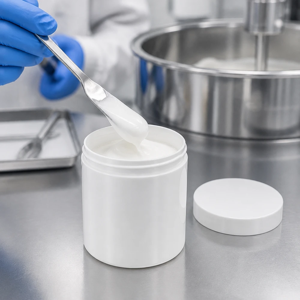 Pot à onguent blanc 30 g avec couvercle blanc (PP) Conditionnement professionnel de pommade dans des pots en PP blancs de 30 g, avec spatule, dans une usine pharmaceutique