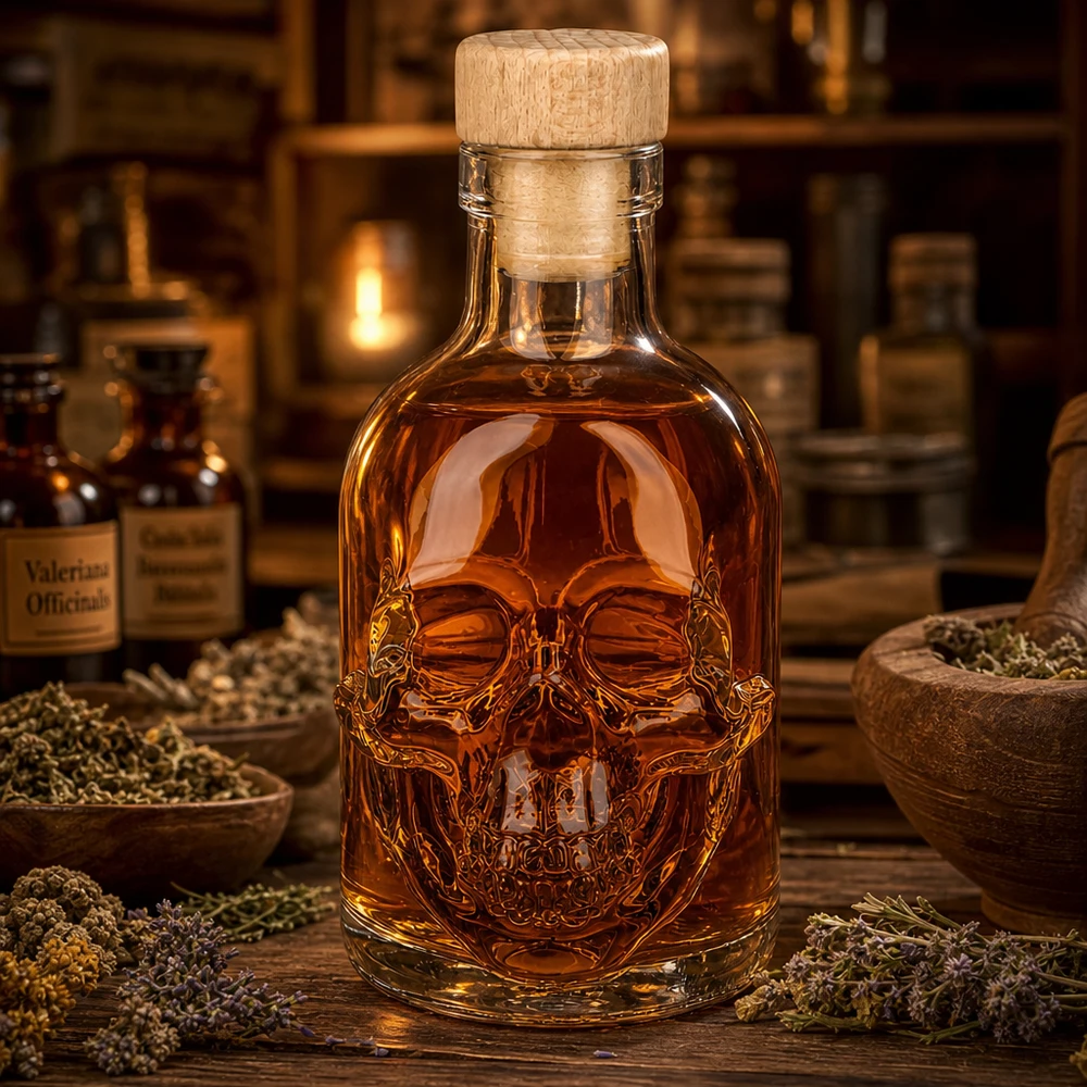 Ambiente speziale con bottiglia di vetro a teschio da 200 ml di Jack, erbe e liquido ambrato su tavolo di legno