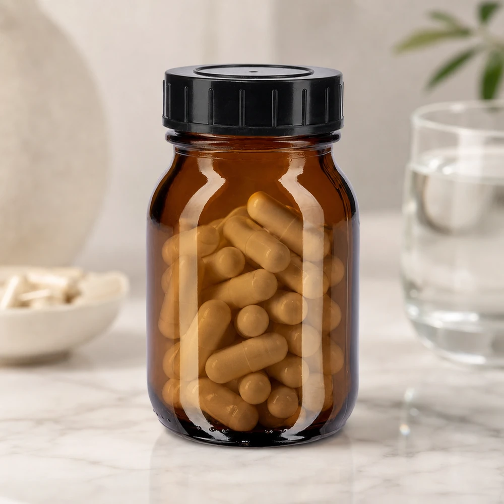 Flacone in vetro ambrato di alta qualità da 75 ml con tappo a vite, per una conservazione ottimale degli integratori alimentari.