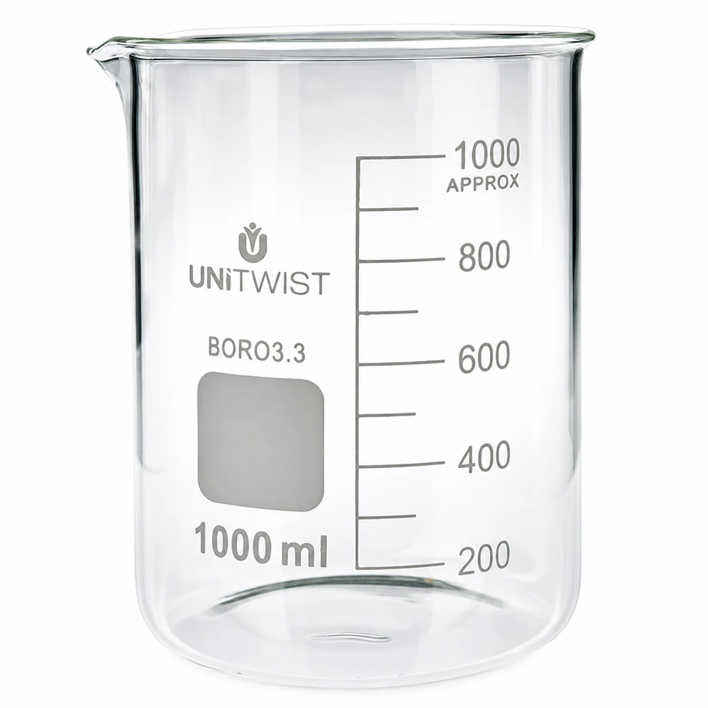 Bicchiere da 1000 ml in borosilicato, stampo basso UNiTWIST Bicchiere da laboratorio da 1000 ml in borosilicato, forma bassa, con scala graduata fino a 1000 ml, di UNiTWIST