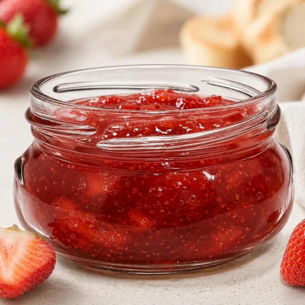 UNiTWIST Terrina120 vaso da terrina 120ml TO70 riempito di confettura di fragole rosse accanto a fragole fresche