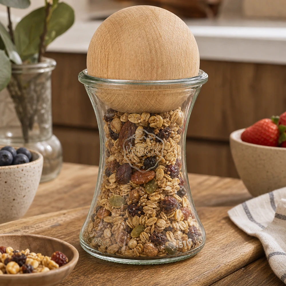 Vasetto da 370 ml WECK RR80 con sfera in legno di faggio. Palla di legno di faggio WECK Vorratsglas 370ml mit Buchenholzkugel gefüllt mit Müsli Nüssen auf Holzbrett Küchendeko stylisch