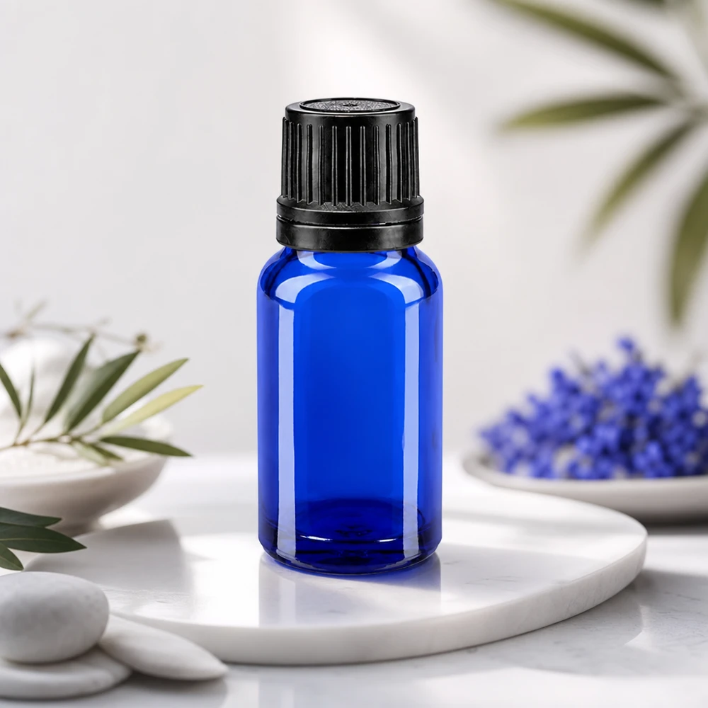 Apothekenflasche blau 10ml Tropfverschluss Giessring 1mm schwarz Originalitätsverschluss Lichtschutzflasche 10ml Blauglas mit schwarzem OV-Deckel ideal für Serum und ätherische Extrakte