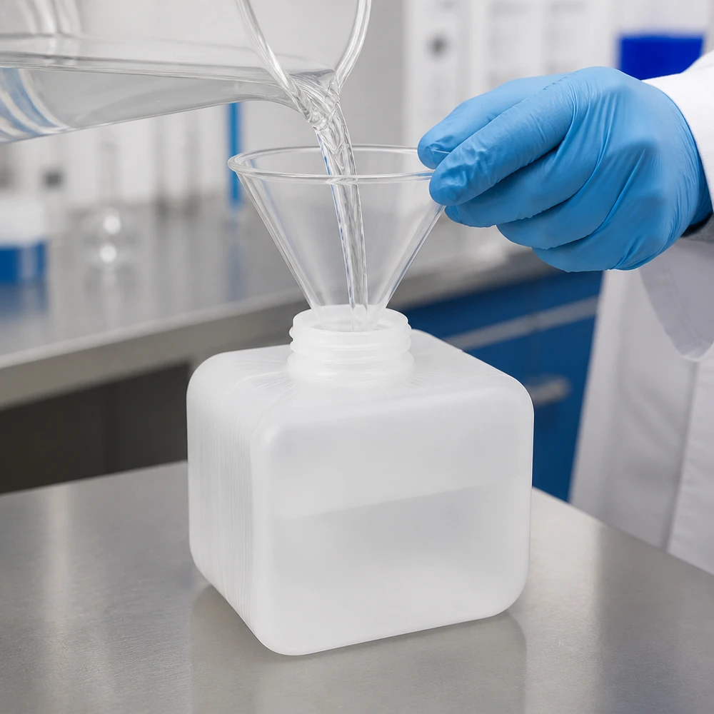 Flacon à produits chimiques 250 ml à col étroit, PEHD couleur naturelle, avec bouchon GL 28 Flacon à col étroit en PE-HD, 250 ml, couleur naturelle, transparent, avec entonnoir, pour laboratoire de chimie, en acier inoxydable