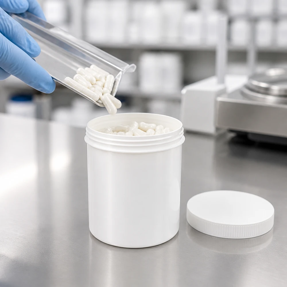 Pot à onguent blanc 250 g avec couvercle blanc (PP) Pot en plastique blanc de grande capacité (250 g) avec couvercle à vis, destiné au conditionnement de gélules en salle blanche