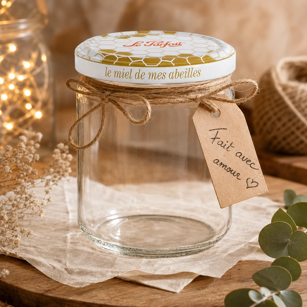 Le Parfait® vaso miele 212 ml Ø63 mm Vasetto Le Parfait da 212 ml decorato con scatola regalo, cordoncino di iuta e etichetta scritta a mano.