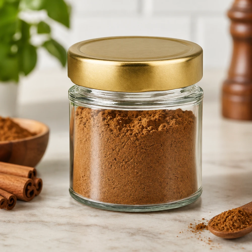 154ml Rundglas mit BasicSeal Deckel gold deep UNiTWIST 154ml Rundglas BasicSeal gold gefüllt mit braunem Pulver Zimt Gewürze Küchenszenerie Vorratsglas Aufbewahrung