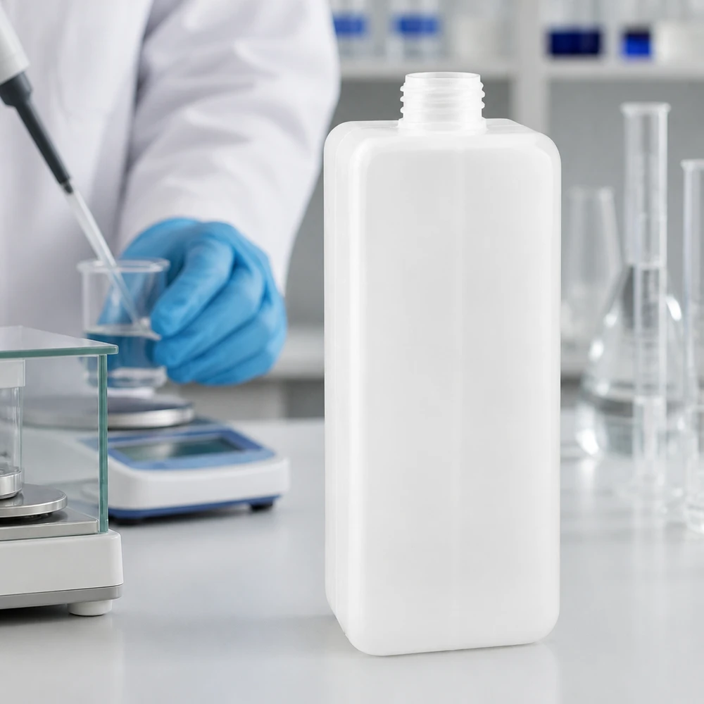 Flacon à produits chimiques 1000 ml à col étroit, PEHD couleur naturelle, GL 32 Un chercheur de laboratoire effectue un pipetage à côté d'un flacon de produits chimiques en PE-HD blanc de 1 000 ml à col étroit GL 32