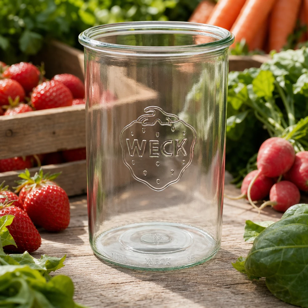 Barattolo di vetro WECK RR100 da 1000 ml WECK 1000ml RR100 tumbler con logo su tavolo di legno circondato da fragole, ravanelli e verdure fresche
