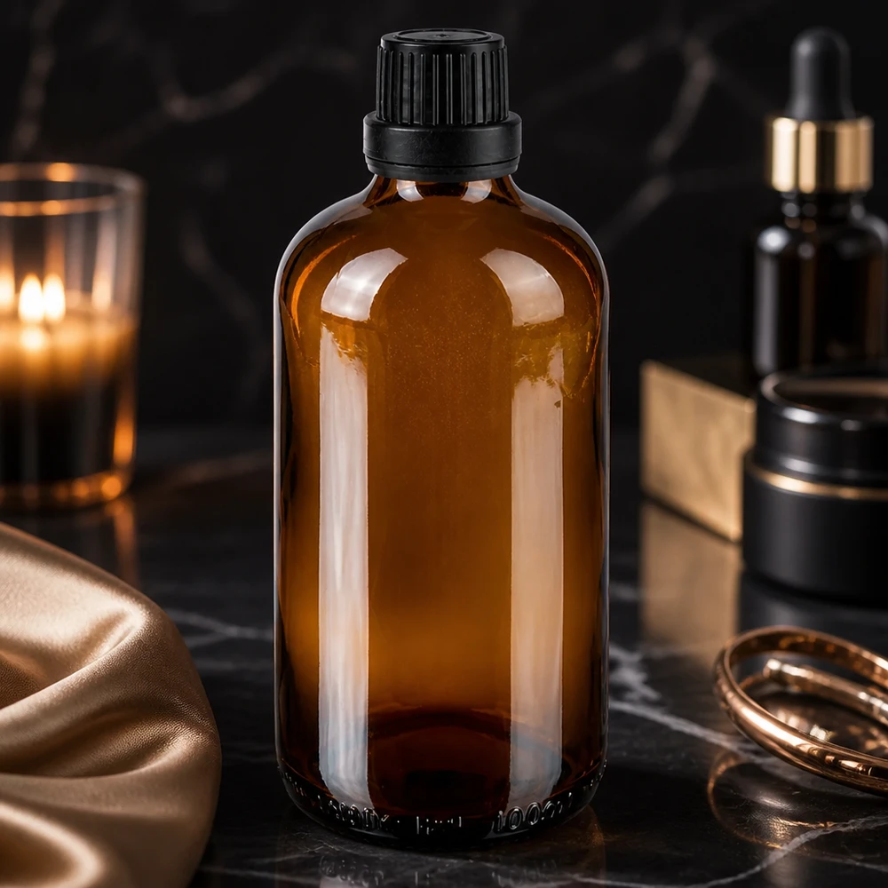 Flacon de pharmacie brun 100ml bouchon d'inviolabilité 2mm noir Flacon de pharmacie marron de 100 ml avec bouchon OV à sécurité enfant, posé sur un plan de travail en marbre noir