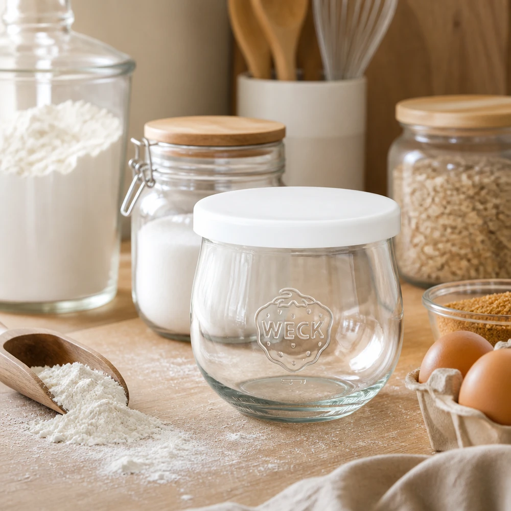 Barattolo WECK a tulipano 370ml con coperchio in silicone bianco in una cucina rustica tra farina, uova e altri barattoli di stoccaggio