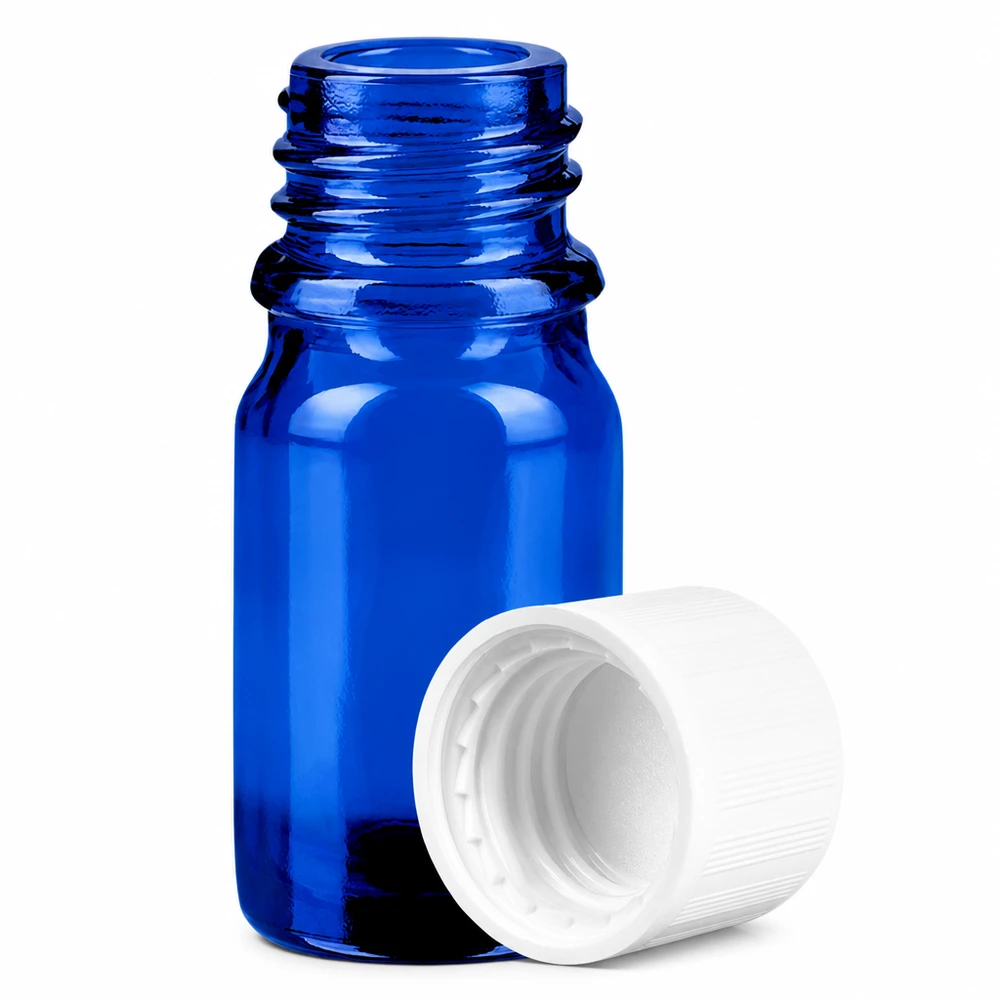 5ml Flasche 11mm Schraubverschluss weiß Standard Kindersicherung BlueLine UT18/5 5ml SV Flasche in elegantem Blau mit weißem Verschluss für zuverlässige Lagerung