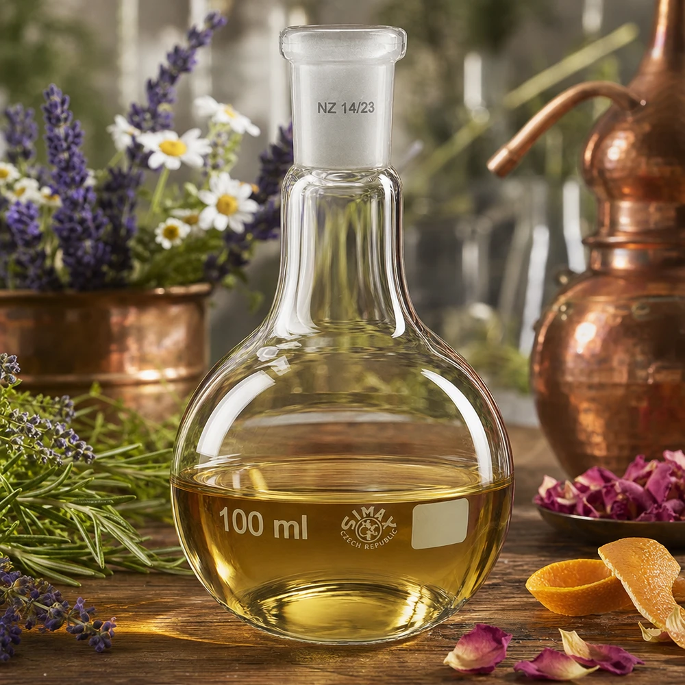 Pallone da laboratorio da 100 ml con contenuto ambrato e vetro tagliato di precisione 14/23