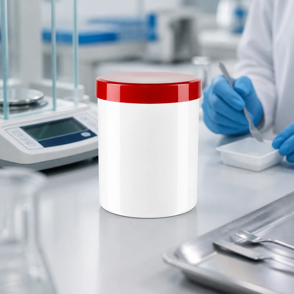 Pot à onguent blanc 50 g avec couvercle rouge (PP) Récipient en PP blanc de 50 ml avec bouchon rouge, destiné à la conservation hygiénique des pommades