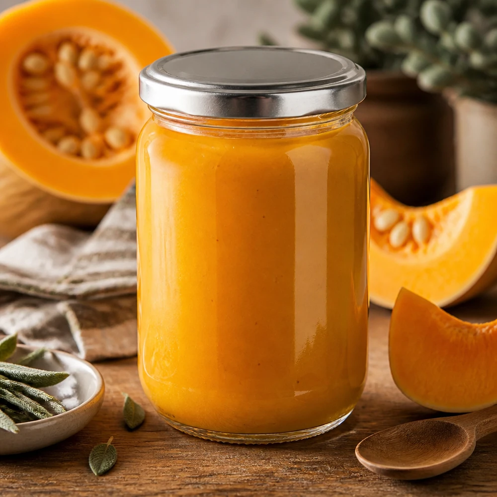 Einmachglas 555ml mit silbernem Schraubdeckel und orangefarbenem Kuerbismus seitlich