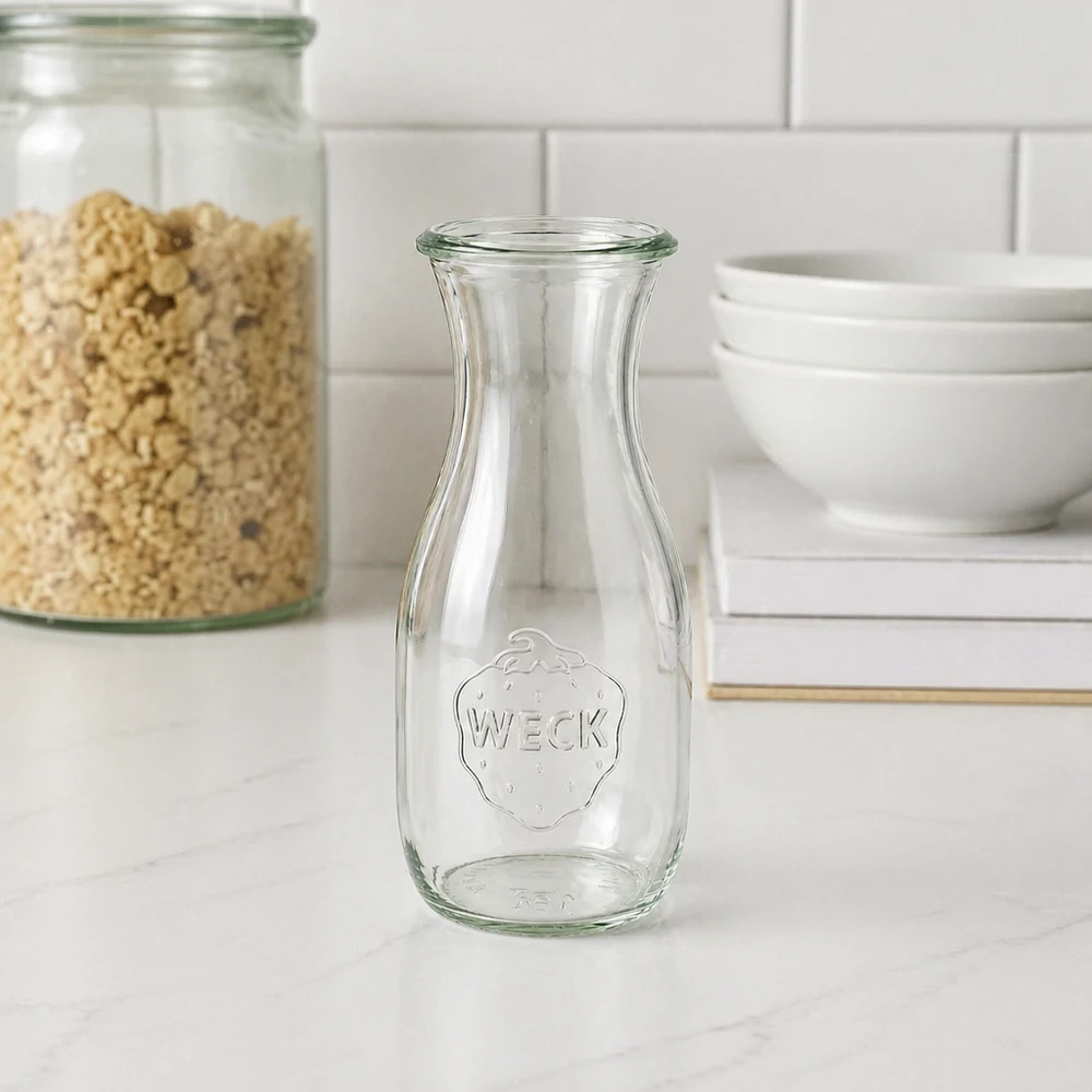 Bottiglia di succo WECK vuota da 530 ml RR60 con rilievo di fragole in una moderna cucina bianca accanto a barattoli e ciotole per riporre i prodotti