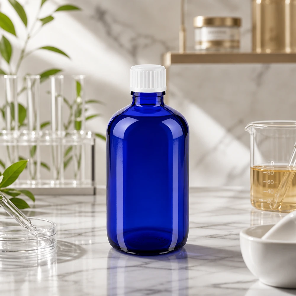 Apothekenflasche blau 100ml Schraubverschluss weiß Globuli Standard Kobaltblaues Medizinglas 100ml mit gerilltem Weißdeckel neben Becherglas und Pipette