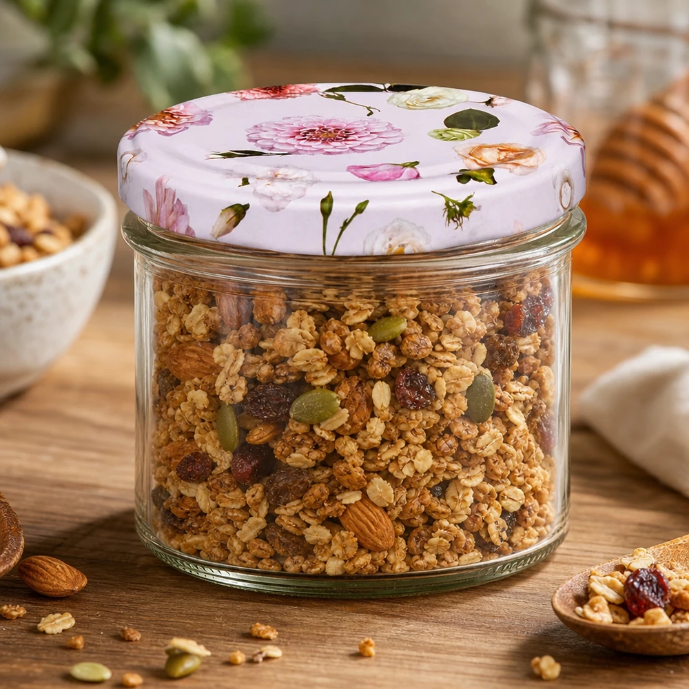 225ml Sturzglas + BasicSeal Deckel Blume rosa UNiTWIST Müsli Granola in 225ml Sturzglas mit rosa Blumen Deckel - vielseitige Aufbewahrung für Lebensmittel und Snacks