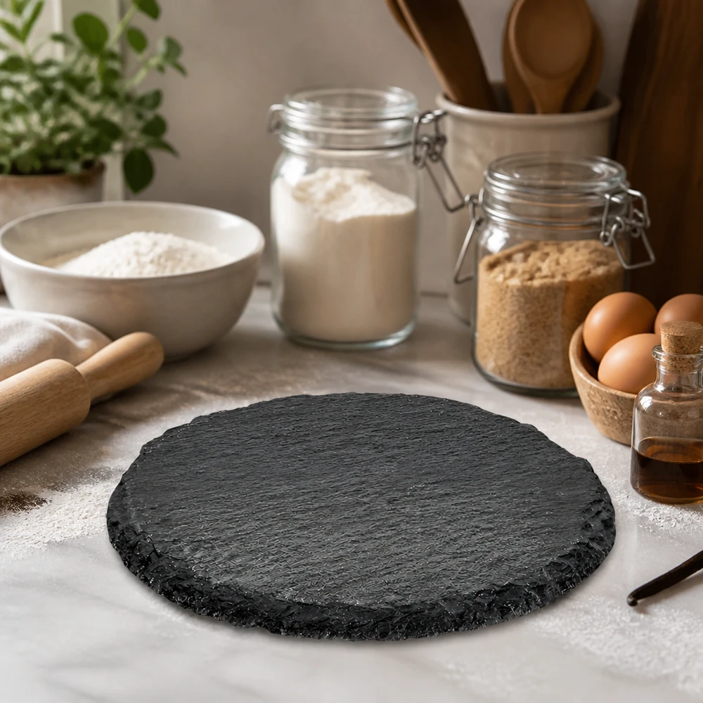Servierplatte aus Schiefer rund ø150mm Runde Schieferservierplatte 15cm inmitten von Backzutaten und Küchenutensilien als stilvolle Arbeitsunterlage