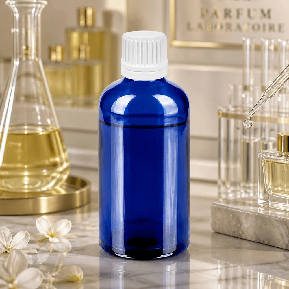 Flacone professionale da laboratorio da 100 ml in blu cobalto con tappo contagocce preciso per un'applicazione precisa