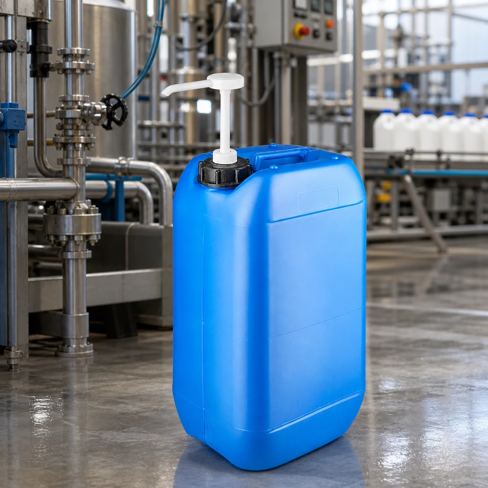 Bidon de 15 litres bleu avec pompe doseuse Bidon bleu de 15 litres équipé d'une pompe doseuse dans une installation de production industrielle dotée de tuyaux en acier inoxydable