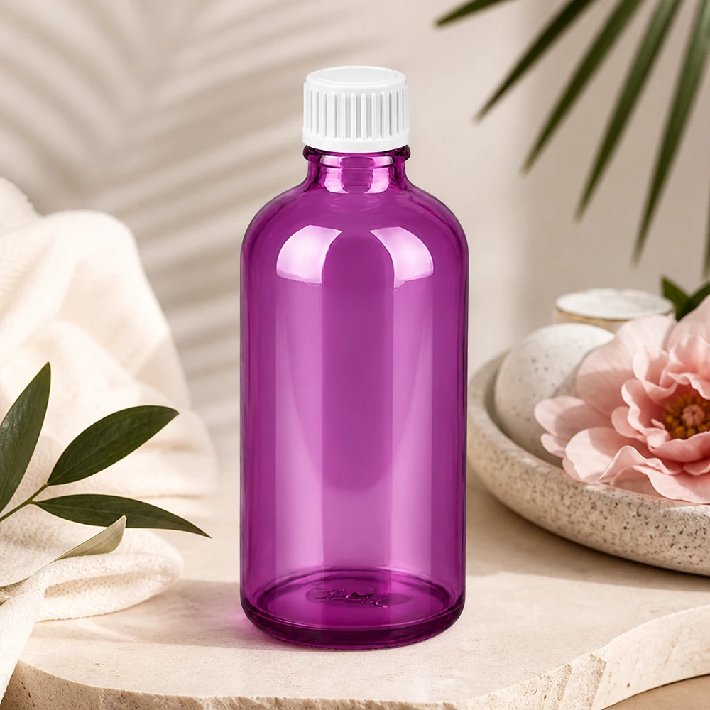 100ml (Globuli)Flasche 3mm Giessring weiß Standard PurpleLine. UT18/100 Moderne 100ml Purple Glasflasche mit UT18 Gewinde für hochwertige Beauty und Wellness Produkte