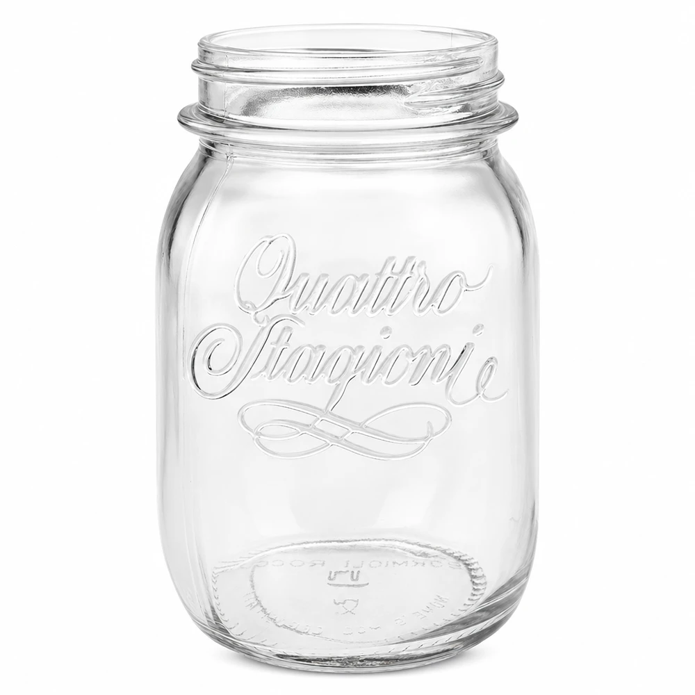 Vaso domestico "Quattro Stagioni" da 500 ml Barattolo per conserve Quattro Stagioni da 500 ml in vetro trasparente con logo in rilievo senza coperchio su sfondo bianco
