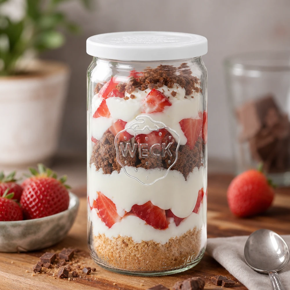 Barattolo cilindrico da 340 ml con coperchio salvafreschezza WECK RR60 Vaso cilindrico WECK da 340 ml come vaso da dessert con fragole e crema a strati disposti in modo decorativo