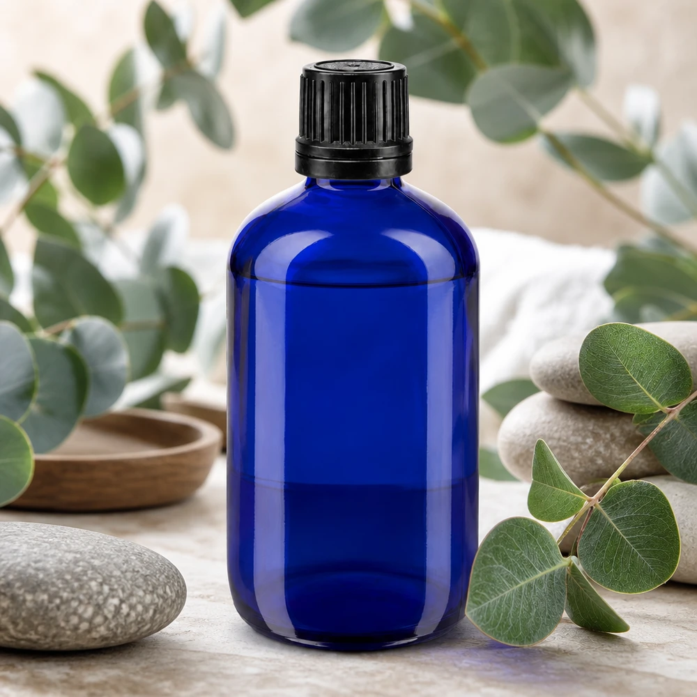 Apothekenflasche blau 100ml Schraubverschluss schwarz Giessring Originalitätsverschluss Lichtschutzflasche aus blauem Apothekerglas 100ml mit 8mm Schraubverschluss schwarz
