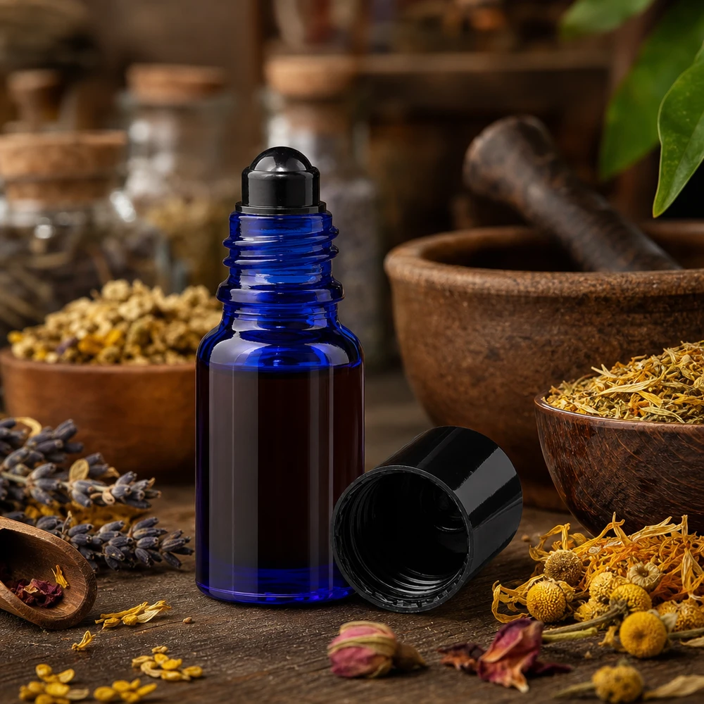 Flacon de déodorant en verre bleu 10 ml, déo à bille vide Flacon roll-on ApoGlas bleu de 10 ml contenant des herbes et des fleurs séchées, posé sur un support en bois rustique