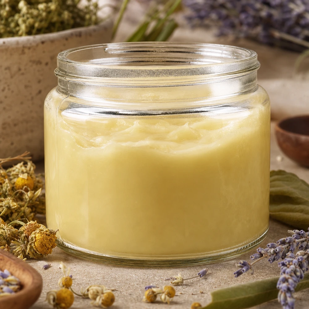 Vasetto per unguenti (vasetto di vetro) 250 ml trasparente, senza coperchio Glastiegel 250ml mit cremiger gelber Salbe gefüllt umgeben von Kamillenblüten und Lavendel natürliche Hautpflege